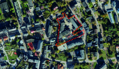 zdjęcie miasta z zaznaczonym na czerwono obszarem, którego dotyczy złożony wniosek/dokumentacja