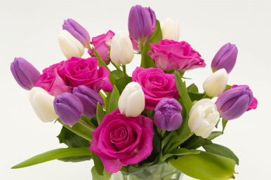 Zdjęcie przedstawia bukiet kwiatów, różowych róż oraz białych i fioletowych tulipanów. Fot.Pixabay