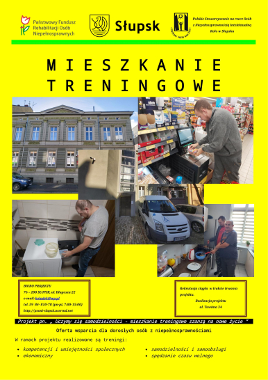 plakat informacyjny dotyczący  projektu uczymy się samodzieności - mieszkanie treningowe szansą na samodzielne życie, na żółtym tle czarny napis mieszkanie treningowe