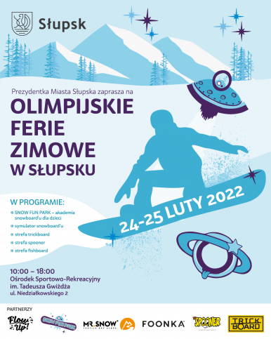 plakat z informacją o dacie i miejscu wydarzenia z postacią snowboardzisty na niebieskim tle