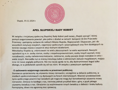 Treść apelu jak w artykule poniżej - pierwsza strona dokumentu z logo Słupskiej Rady Kobiet
