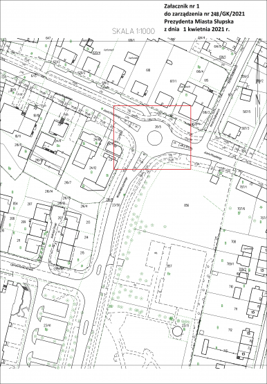 czarno-biała mapka wskazująca lokalizację ronda u zbiegu ulic Piłsudsakiego i Małcużyńskiego w Słupsku