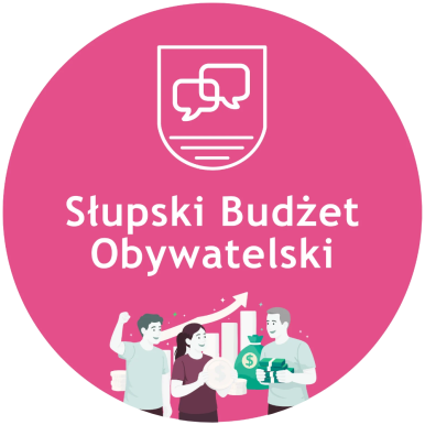 Logotyp SBO - różowe koło, na grafiki przedstawiające dwóch mężczyzn i jedną kobietę, trzymają w rękach pieniądze, za nimi wykres słupkowy przedstawiający wzrost