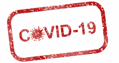 Grafika przedstawia czerwony napis COVID-19 wpisany w czerwony prostokąt