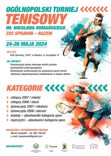Plakat z malunkiem tenisisty i tenisistki wraz z informacjami o imprezie.