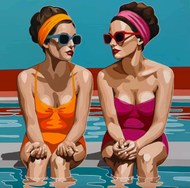 grafika prezentująca dwie kobiety siedzące na brzegu basenu w strojach kąpielowych z okularami przeciwsłonecznymi