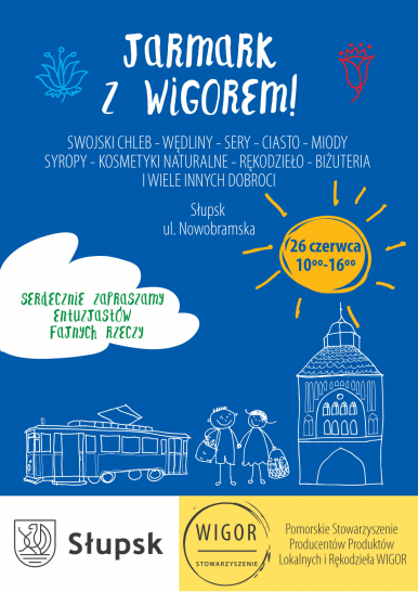 Na niebieskim tle tramwaj i dzieci oraz ratusz, rysowana białą kreską. Zółte słońce.Logo Miasta i stowarzyszenia wigora oraz zaproszenie na jarmark