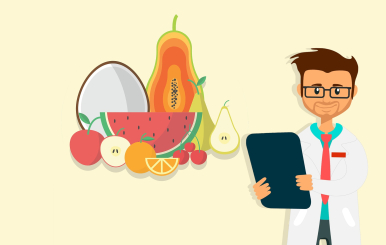 Grafika przedstawia mężczyznę w fartuchu lekarskim z zeszytem oraz owoce. Fot. Pixabay.