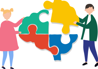 Na zdjęciu chłopak i dziewczyna trzymają kolorowe puzzle w kształce mózgu