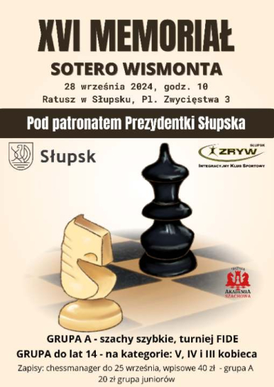 Plakat z figurami szachowymi i informacjami na temat turnieju.