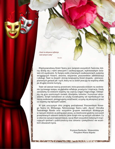 Grafika z listem napisanym przez Prezydentkę Miasta Słupska (treść dostępna w artykule), po lewej kurtyna spięta klamrą, w lewym górnym rogu dwie maski teatralne, po prawej bukiet róż
