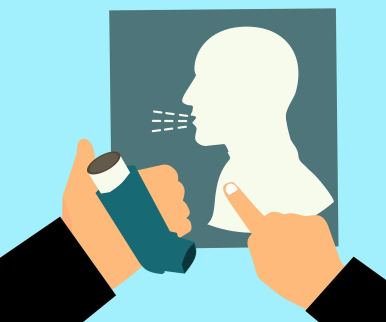 Na zdjęciu osoba kichająca i inhalator