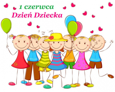 Grafika przedstawia grupę dzieci z kolorowymi balonikami.