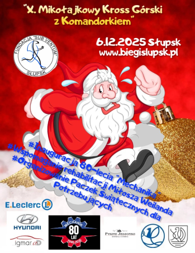 Plakat biegu z biegnącym Mikołajem