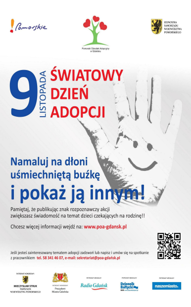 plakat z okazji Światowego Dnia Adopcji zachęcający do namalowania uśmiechniętej buźki na dłoni i udostępnianie jej