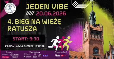 Plakat Biegu na Wieżę - wieża ratusza i grafiki małych biegacyz oraz komunikaty organizacyjne