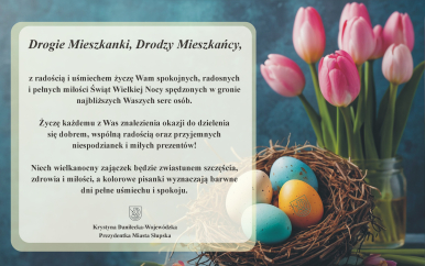 Tekst jak w artykule poniżej, grafika: gniazdko z pisankami , w tle bukiet tulipanów
