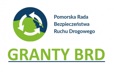Logo Pomorskiej Rady Bezpieczeństwa Ruchu Drogowego oraz granatowy napis Pomorska Rada Bezpieczeństwa Ruchu Drogowego oraz  zielony napis Granty BRD