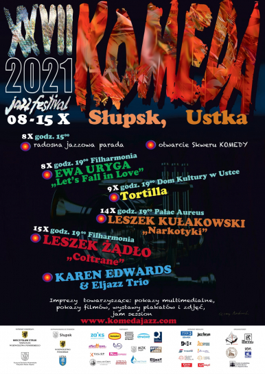 czarne tło z kolorowymi napisami z nazwami wykonawców i terminami 27. Komeda Jazz Festival