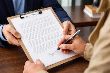 Zdjęcie przedstawia osobę podpisującą dokument trzymany przez drugą osobę na podkładce, widoczne są tylko dłonie