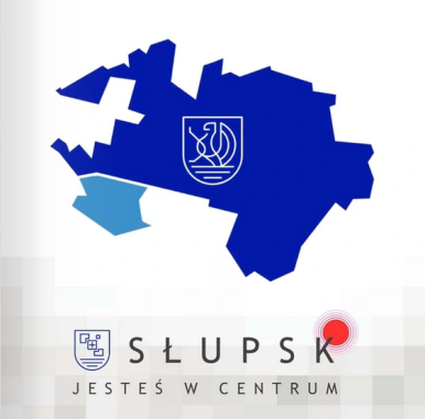niebiesko-granatowa grafika obrazująca obszar Słupska, napis Słupsk - jesteś w centrum, logotyp