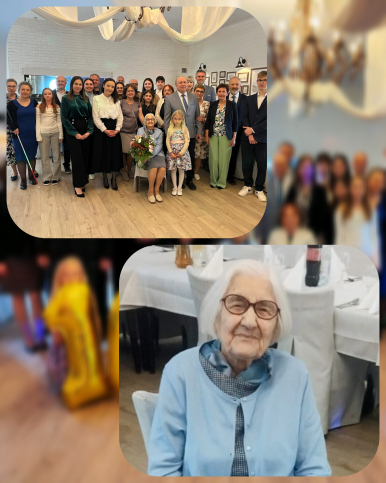 Jubilatka , w tle stoły z nakryciami, a u góry drugie zdjęcie- Rodzina, Bliscy Jubilatki, Pani Helena oraz przedstawicielki USC