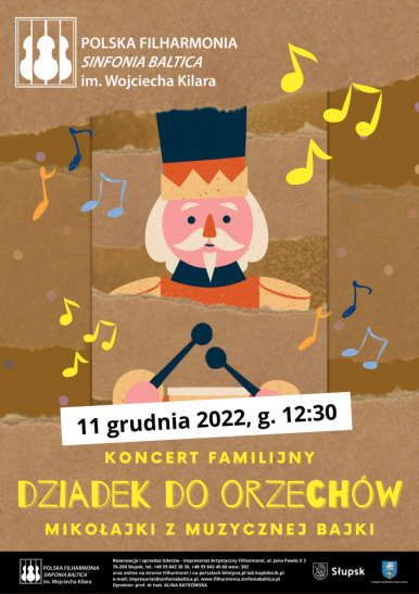 Plakat koncertowy na brązowym tle bajkowa postać dziadka do orzechów, w czapce bębenkiem z pałeczkami