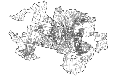 granica miasta z podziałem na działki i granicą przystąpienia do planu ogólnego