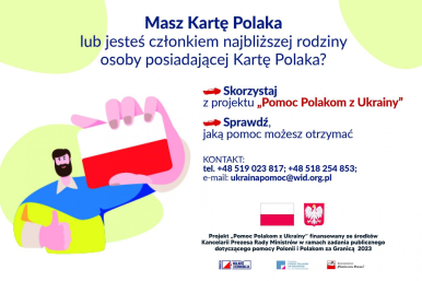 plakat z informacjami jak skorzystać z pomocy i numerami kontaktowymi