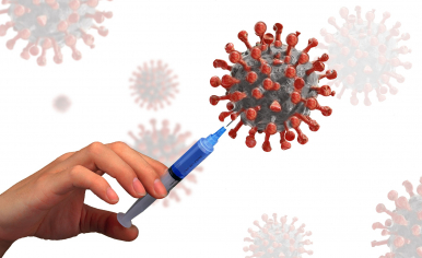 zdjęcie przedstawia dłoń ze strzykawką oraz wirusy  (fot. pixabay)