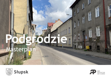 Zdjęcie przedstawia ulicę Św. Piotra w Słupsku z napisem "Podgrodzie" i "Masterplan" oraz logami Miasta Słupska i firmy A2P2 Architecture and Planning