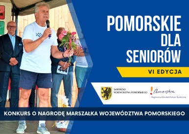 Zdjęcie przedstawia plakat konkursowy informujący o VI edycji konkursu Pomorskie dla Seniora; źródło: Regionalny Ośrodek Polityki Społecznej