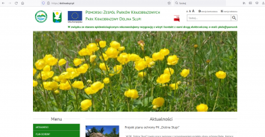 Na zdjęciu widzimy obrazek przedstawiający główną stronę internetową Parku Krajobrazowego Dolina Słupi; widać adres www.dolinaslupi.pl i artykuły m.in. z obrazkami pięknych żółtych kwiatów