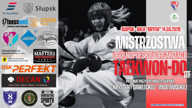 Plakat imprezy, zawodniczki taekwondo w trakcie pojedynku