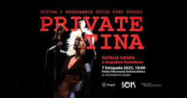 baner koncertu PRIVATE TINA - czarne tło, zdjęcie artystki oraz napisy i logotypy w kolorach czerwonym i białym; informacje na banerze z treści
