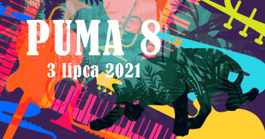 plakat PUMA 8  napis 3 lipca 2021, abstrakcyjna barwna  grafika z elementami gitary, klawiszy, trąbki i czarnym kotem