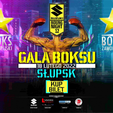 Plakat z napisem Gala Boksu  "18 lutego Słupsk" na tle odwróconego tyłem pięściarza.