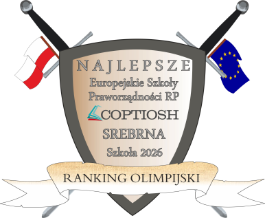 Grafika przedstawia tarczę - znak Srebrnej Europejskiej Szkoły Praworządności RP 2026 przyznany II LO