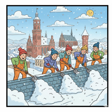 obraz przedstawia odśnieżanie dachu