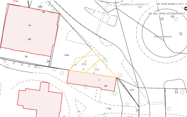 Na zdjęciu widzimy zaznaczony żłótym kolorem teren przeznaczony do wydzierżawienia: część działki nr 310/2 oraz 310/3 w obr. 0006.