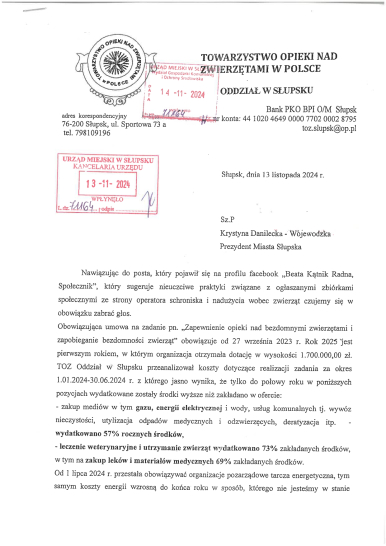 Zdjęcie pisma wyjaśniającego sprawę dot. m.in. wydatków na potrzeby Schroniska Dla Zwierząt w Słupsku