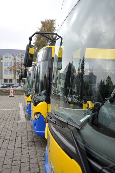 Przody autobusów miejskich ustawionych na placu; w tle budynki i inne pojazdy