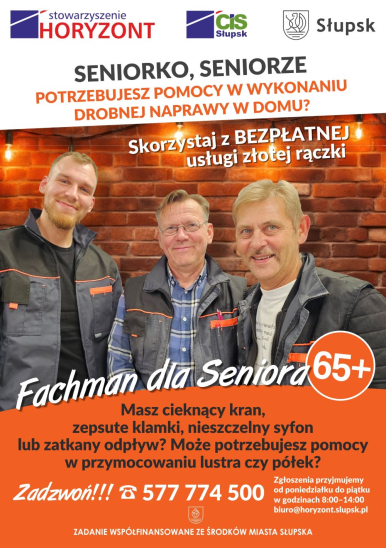 Ulotka informacyjna, na której widać trzech mężczyzn w odzieży roboczej, informacje o projekcie oraz dane kontaktowe.