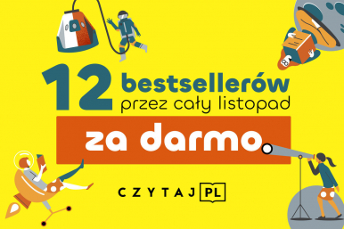 żółte tło , na nim kosmiczne grafiki ludzików, napis 12 bestsellerów przez cały listopad  za darmo