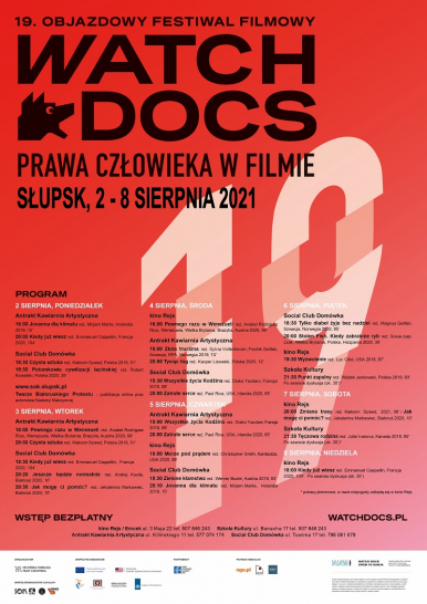 Plakat wydarzenia w czerwonym kolorze ze szczegółowym programem dostępnym również na stronie www.sok.slupsk.pl  : Objazdowy Festiwal Filmowy WATCH DOCS. Prawa człowieka w filmie. Słupsk 2- 8 sierpnia 2021