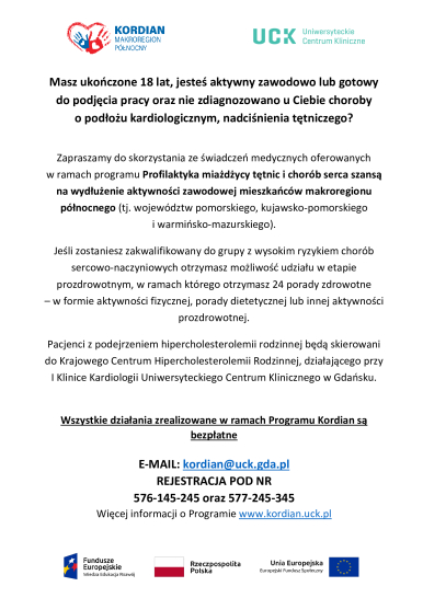 Grafika przedstawia plakat zapraszający do skorzystania z Programu "Kordian".