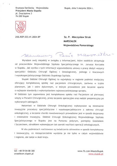 List Prezydentki Słupska do Marszałka Województwa Pomorskiego