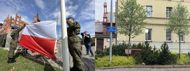 Żołnierze RP wieszający flagę, w tle ratusz, po prawej stronie inne zdjęcie,obrazujące skwer