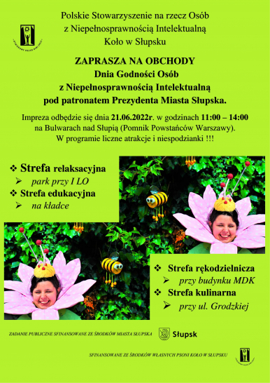 Plakat informacyjny, czarny napis na zielonym tle zapraszający do wzięcia udziału w obchodach Dnia Godności Osób z Niepełnosprawnością Intelektualną