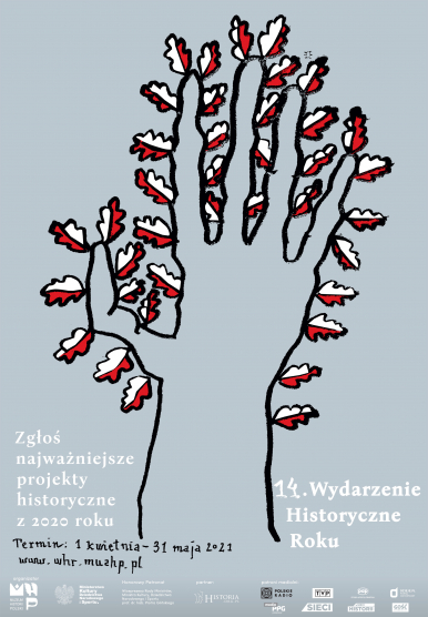 Na zdjęciu widzimy plakat, na którym mamy terminy zgłoszeń do projektu, nazwę plebiscytu oraz dłoń narysowaną czarną kreską na kształt drzewa, którego liście stanowią flagi biało-czerwone